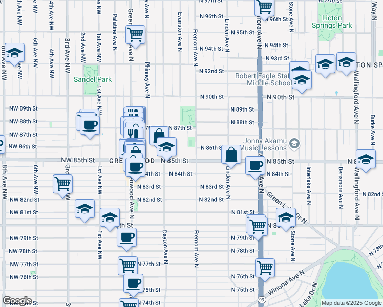 map of restaurants, bars, coffee shops, grocery stores, and more near 620 North 85th Street in Seattle