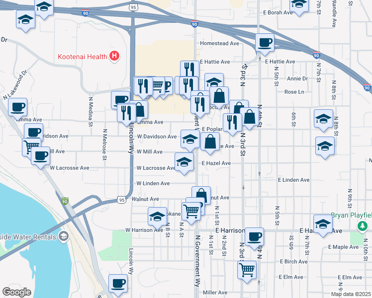 map of restaurants, bars, coffee shops, grocery stores, and more near 215 West Mill Avenue in Coeur d'Alene