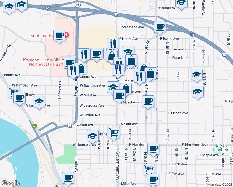 map of restaurants, bars, coffee shops, grocery stores, and more near 215 West Mill Avenue in Coeur d'Alene