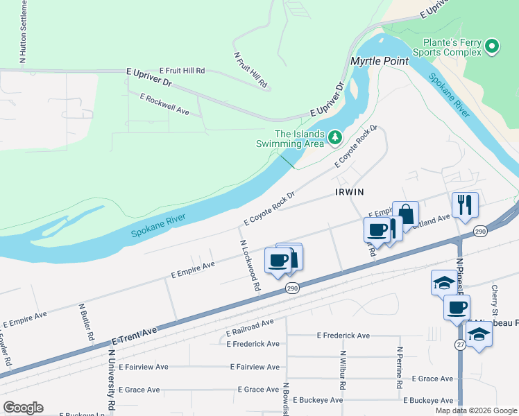 map of restaurants, bars, coffee shops, grocery stores, and more near 11501 East Coyote Rock Drive in Spokane Valley