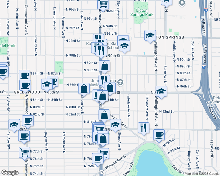 map of restaurants, bars, coffee shops, grocery stores, and more near 8516 Nesbit Avenue North in Seattle