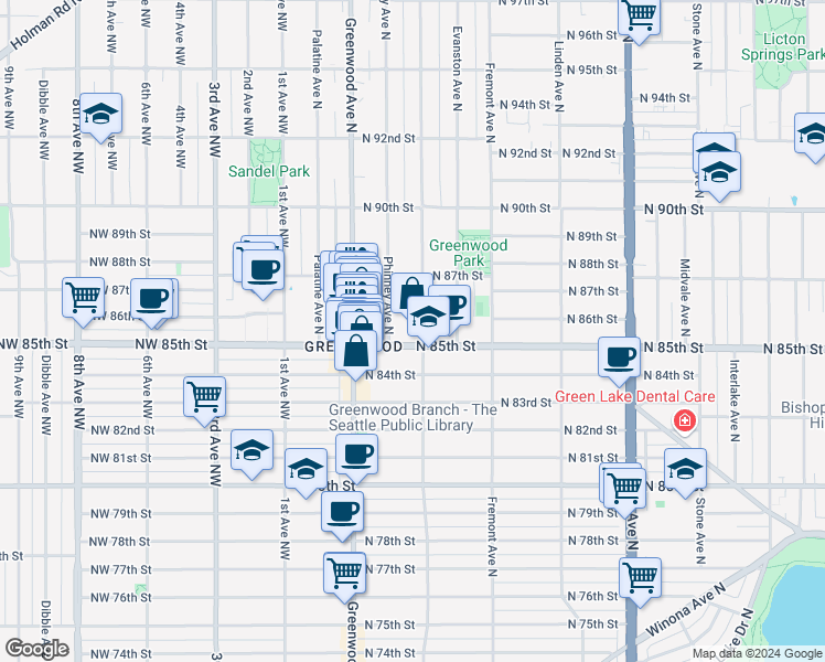 map of restaurants, bars, coffee shops, grocery stores, and more near 404 North 85th Street in Seattle
