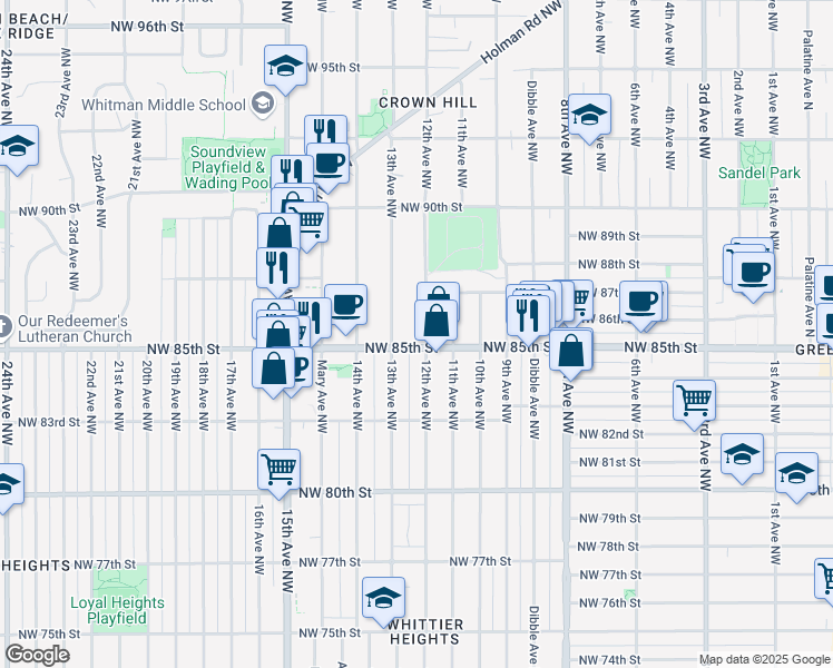 map of restaurants, bars, coffee shops, grocery stores, and more near 8501 12th Avenue Northwest in Seattle