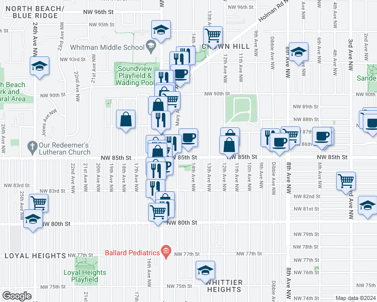 map of restaurants, bars, coffee shops, grocery stores, and more near 8509 14th Avenue Northwest in Seattle