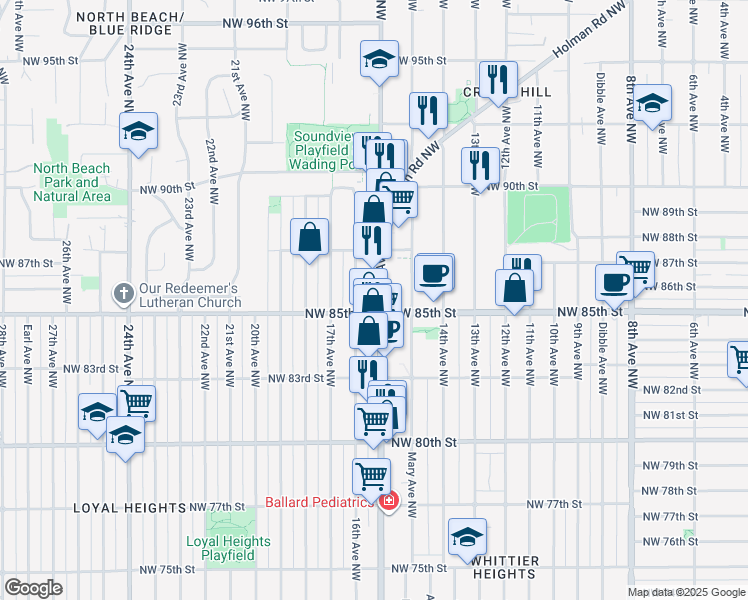 map of restaurants, bars, coffee shops, grocery stores, and more near 8500 16th Avenue Northwest in Seattle
