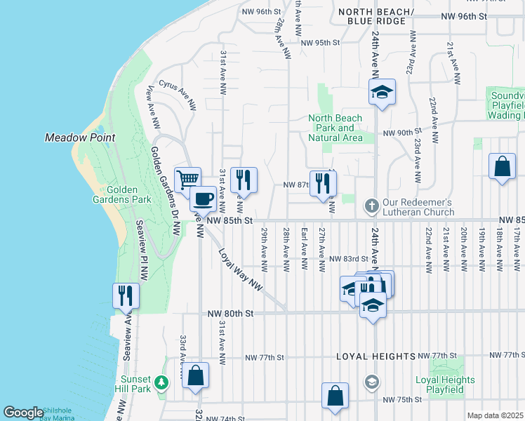 map of restaurants, bars, coffee shops, grocery stores, and more near 8508 29th Avenue Northwest in Seattle
