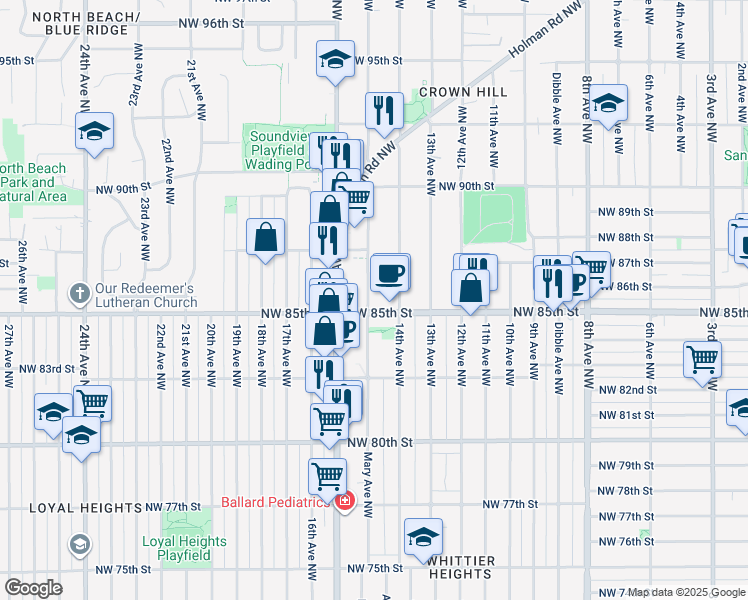 map of restaurants, bars, coffee shops, grocery stores, and more near 8508 Mary Avenue Northwest in Seattle