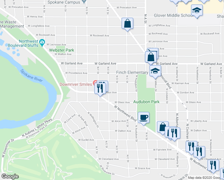 map of restaurants, bars, coffee shops, grocery stores, and more near 3218 West Gordon Avenue in Spokane