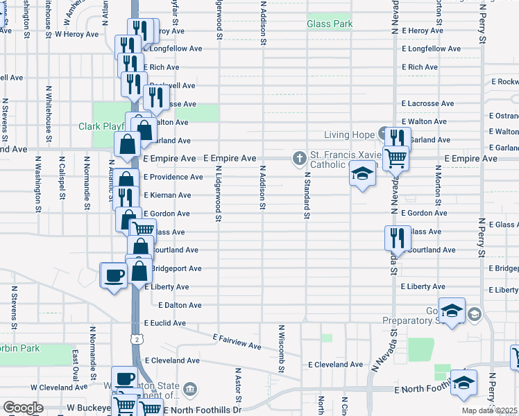 map of restaurants, bars, coffee shops, grocery stores, and more near 429 East Gordon Avenue in Spokane