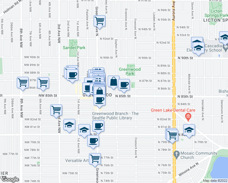map of restaurants, bars, coffee shops, grocery stores, and more near 404 North 85th Street in Seattle
