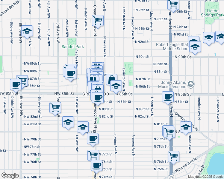 map of restaurants, bars, coffee shops, grocery stores, and more near 424 North 85th Street in Seattle