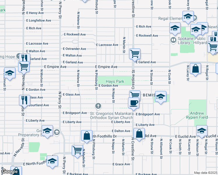 map of restaurants, bars, coffee shops, grocery stores, and more near 1818 East Gordon Avenue in Spokane