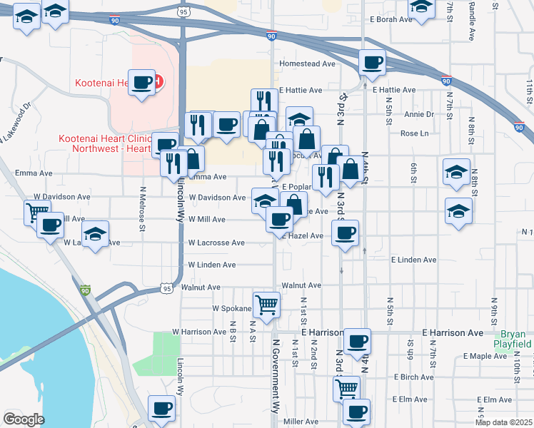 map of restaurants, bars, coffee shops, grocery stores, and more near 215 West Mill Avenue in Coeur d'Alene