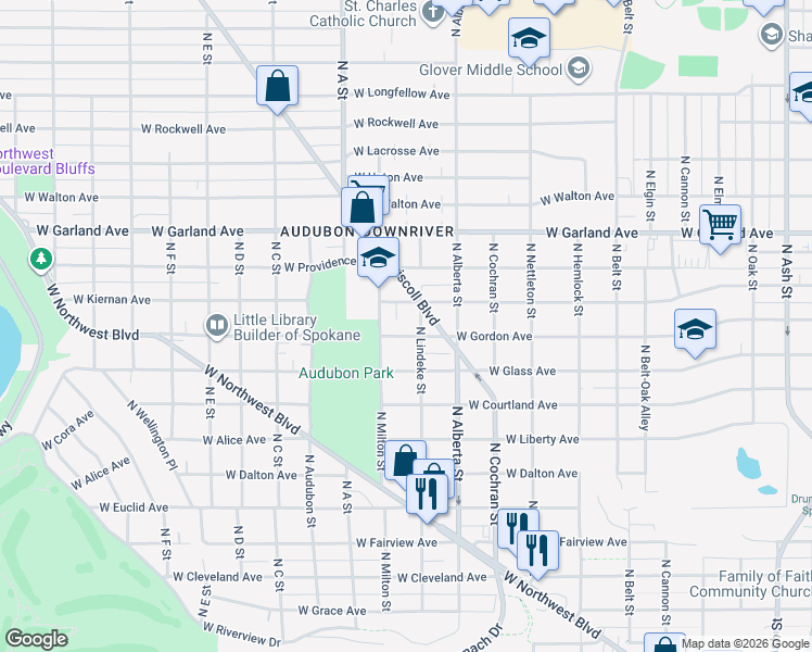 map of restaurants, bars, coffee shops, grocery stores, and more near 2712 West Gordon Avenue in Spokane