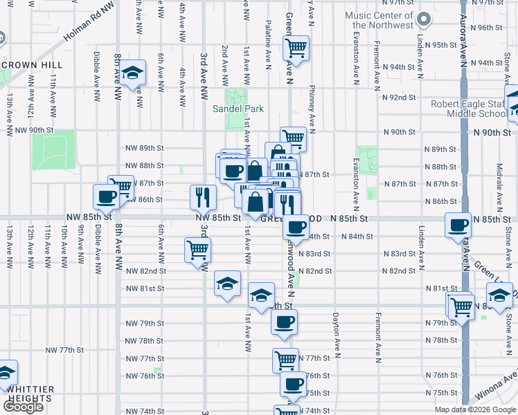 map of restaurants, bars, coffee shops, grocery stores, and more near 100 North 85th Street in Seattle