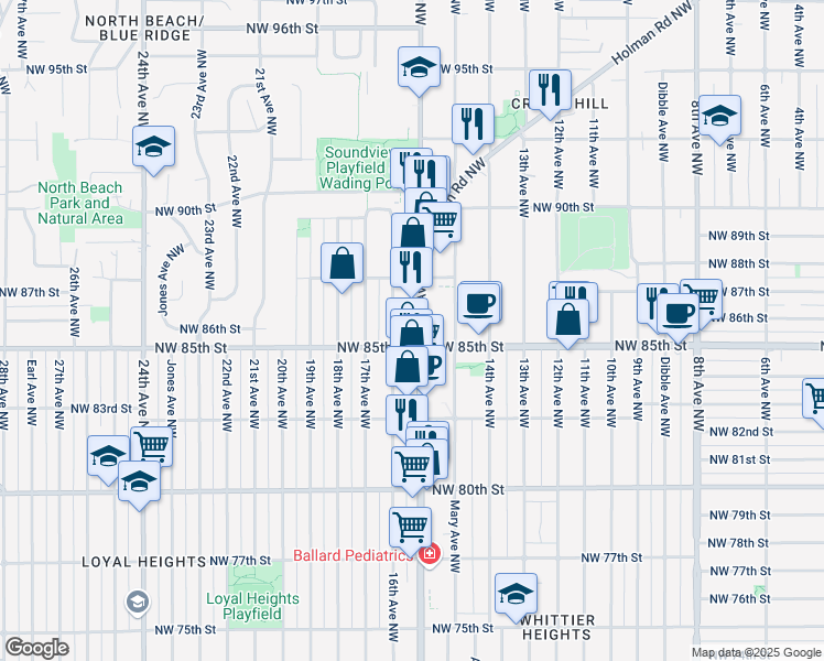 map of restaurants, bars, coffee shops, grocery stores, and more near 8500 16th Avenue Northwest in Seattle