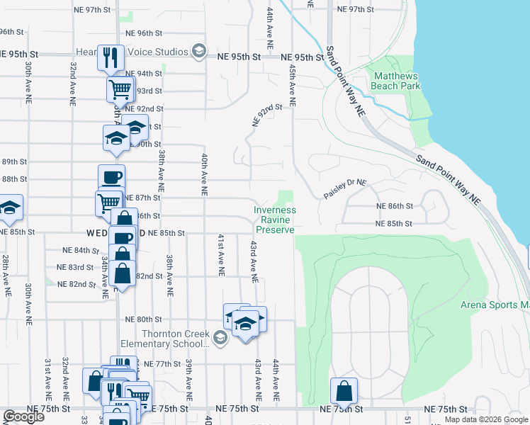 map of restaurants, bars, coffee shops, grocery stores, and more near 8632 43rd Avenue Northeast in Seattle
