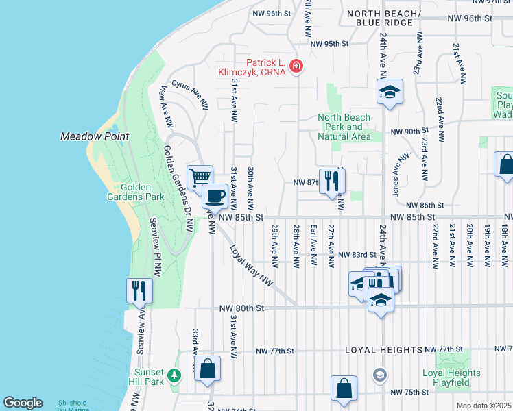 map of restaurants, bars, coffee shops, grocery stores, and more near 8510 30th Ave NW in Seattle