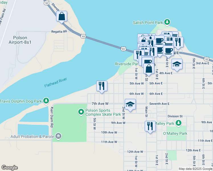 map of restaurants, bars, coffee shops, grocery stores, and more near 309 5th Avenue West in Polson