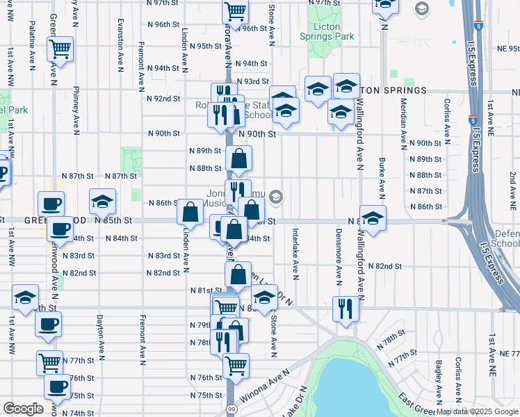 map of restaurants, bars, coffee shops, grocery stores, and more near 8516 Nesbit Avenue North in Seattle