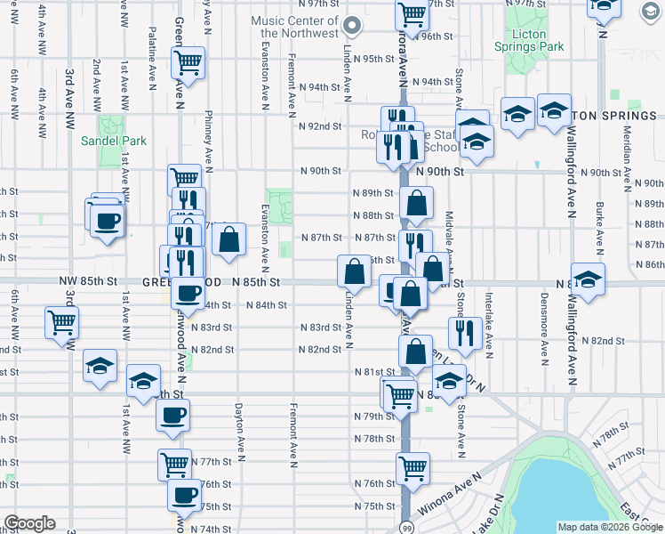 map of restaurants, bars, coffee shops, grocery stores, and more near 8511 Linden Avenue North in Seattle