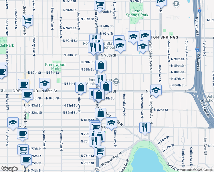 map of restaurants, bars, coffee shops, grocery stores, and more near 8516 Nesbit Avenue North in Seattle