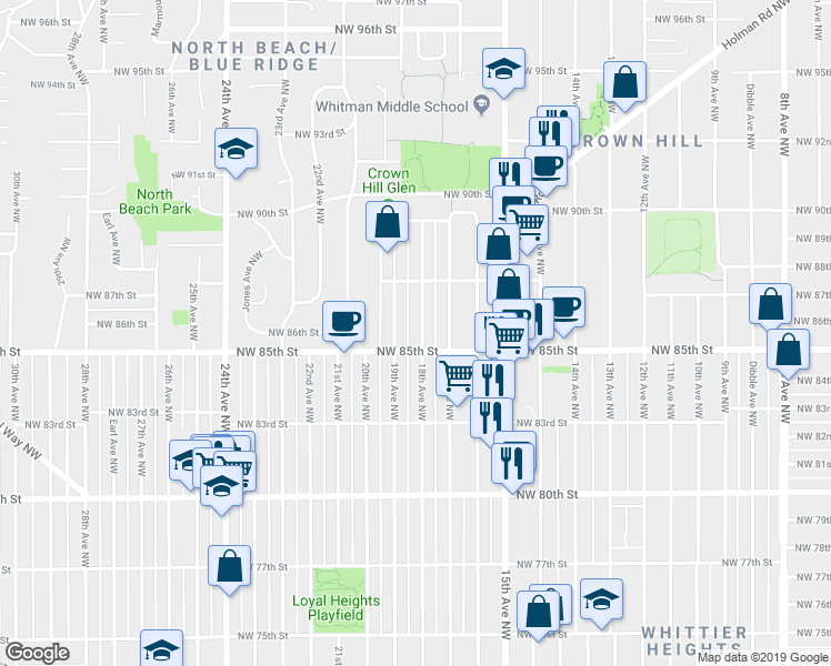 map of restaurants, bars, coffee shops, grocery stores, and more near 8511 18th Avenue Northwest in Seattle