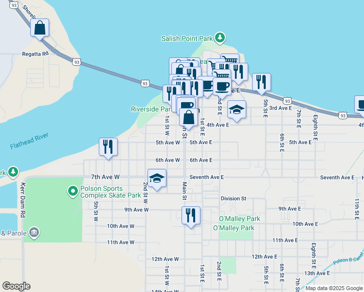 map of restaurants, bars, coffee shops, grocery stores, and more near 1 5th Avenue East in Polson