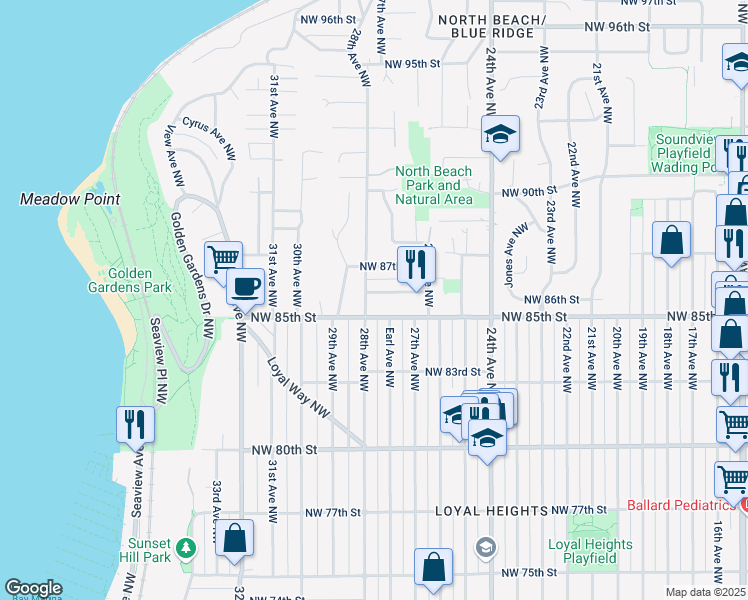 map of restaurants, bars, coffee shops, grocery stores, and more near 2655 Northwest 86th Street in Seattle