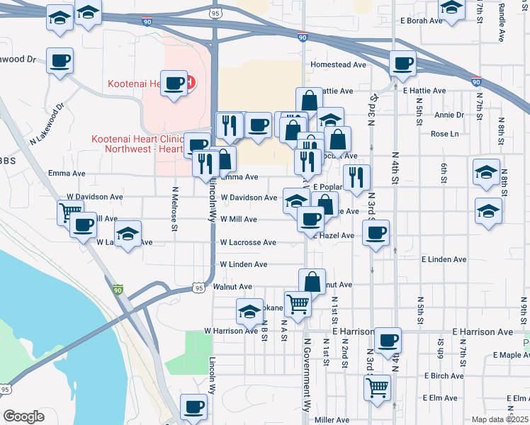 map of restaurants, bars, coffee shops, grocery stores, and more near 325 West Mill Avenue in Coeur d'Alene