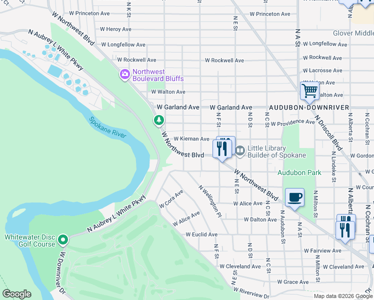 map of restaurants, bars, coffee shops, grocery stores, and more near 3530 West Northwest Boulevard in Spokane
