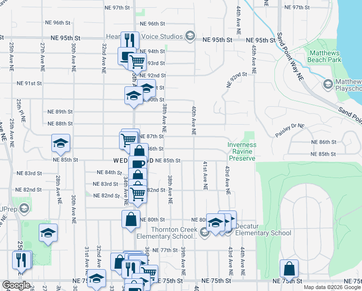 map of restaurants, bars, coffee shops, grocery stores, and more near 3844 Northeast 86th Street in Seattle