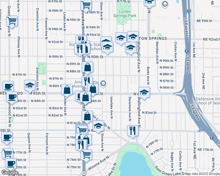 map of restaurants, bars, coffee shops, grocery stores, and more near 8516 Interlake Avenue North in Seattle