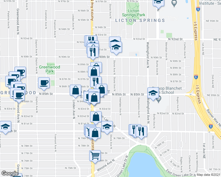 map of restaurants, bars, coffee shops, grocery stores, and more near 8513B Stone Avenue North in Seattle