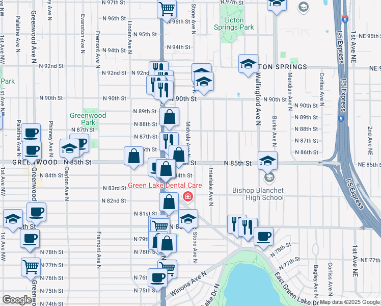 map of restaurants, bars, coffee shops, grocery stores, and more near 8513B Stone Avenue North in Seattle