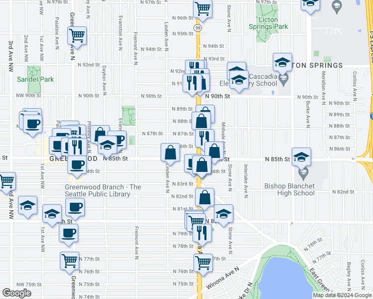 map of restaurants, bars, coffee shops, grocery stores, and more near 929 North 86th Street in Seattle