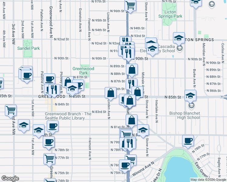 map of restaurants, bars, coffee shops, grocery stores, and more near 929 North 86th Street in Seattle