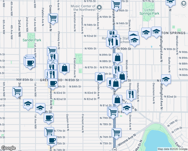 map of restaurants, bars, coffee shops, grocery stores, and more near 8511 Linden Avenue North in Seattle