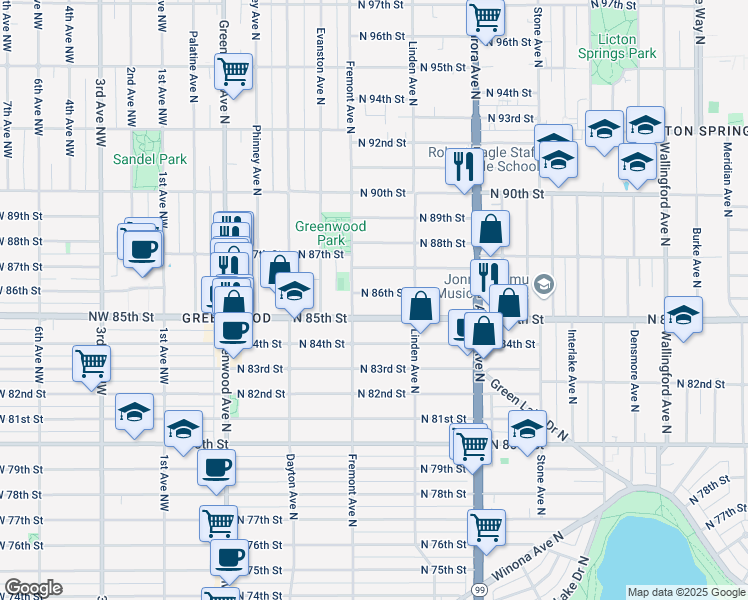 map of restaurants, bars, coffee shops, grocery stores, and more near 721 North 86th Street in Seattle