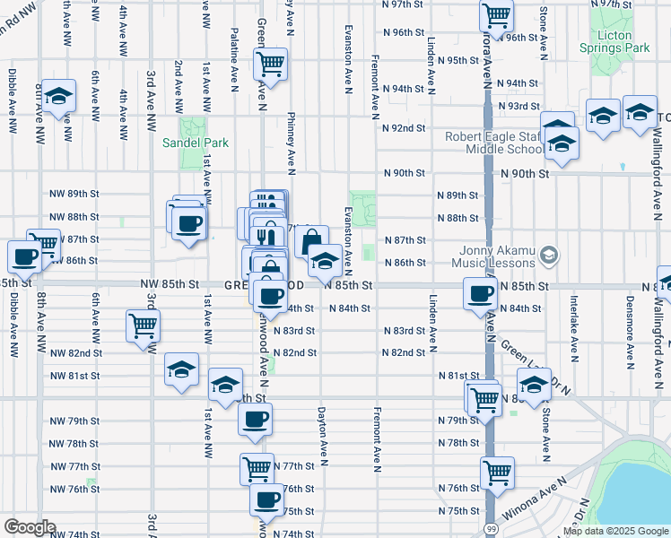 map of restaurants, bars, coffee shops, grocery stores, and more near in Seattle