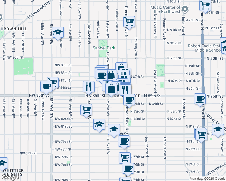 map of restaurants, bars, coffee shops, grocery stores, and more near 8510 1st Avenue Northwest in Seattle