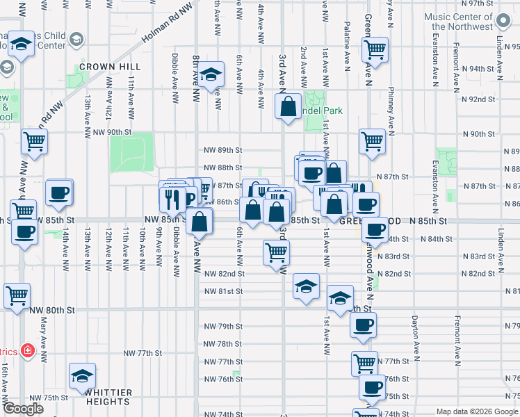 map of restaurants, bars, coffee shops, grocery stores, and more near 346 Northwest 85th Street in Seattle