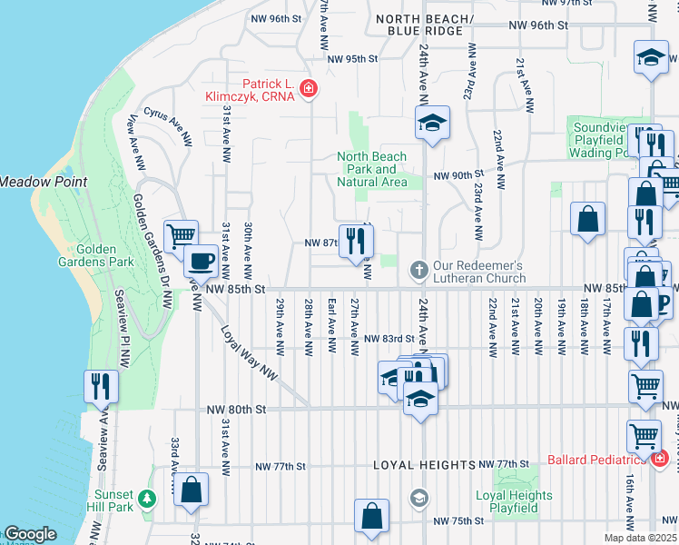 map of restaurants, bars, coffee shops, grocery stores, and more near 2615 Northwest 86th Street in Seattle