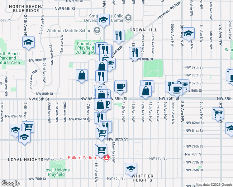 map of restaurants, bars, coffee shops, grocery stores, and more near 8509 14th Avenue Northwest in Seattle