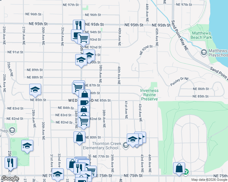 map of restaurants, bars, coffee shops, grocery stores, and more near 3844 Northeast 86th Street in Seattle