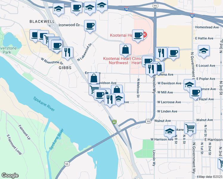 map of restaurants, bars, coffee shops, grocery stores, and more near 1015 West Mill Avenue in Coeur d'Alene