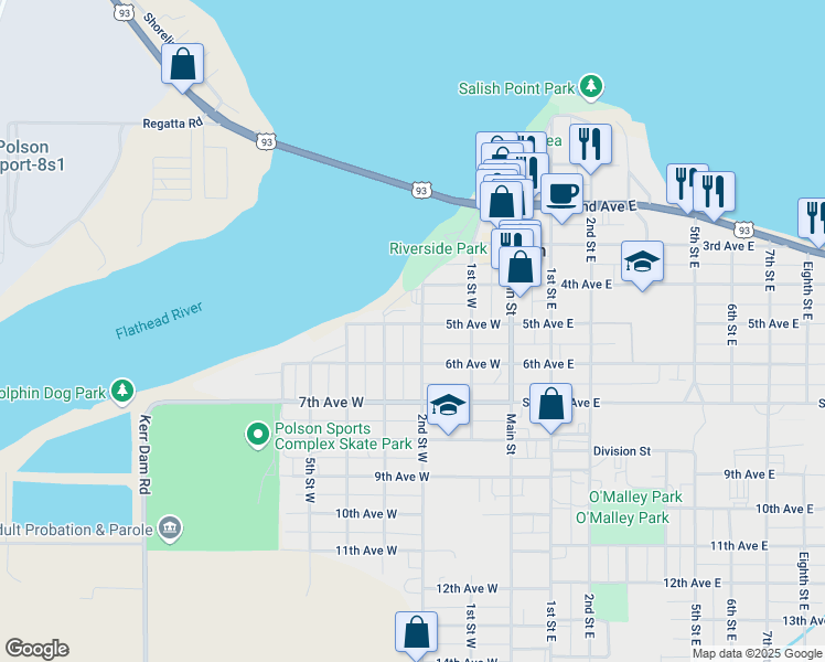 map of restaurants, bars, coffee shops, grocery stores, and more near 205 5th Avenue West in Polson