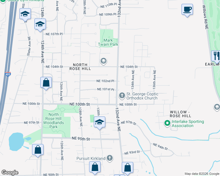 map of restaurants, bars, coffee shops, grocery stores, and more near 13106 Northeast 101st Place in Kirkland