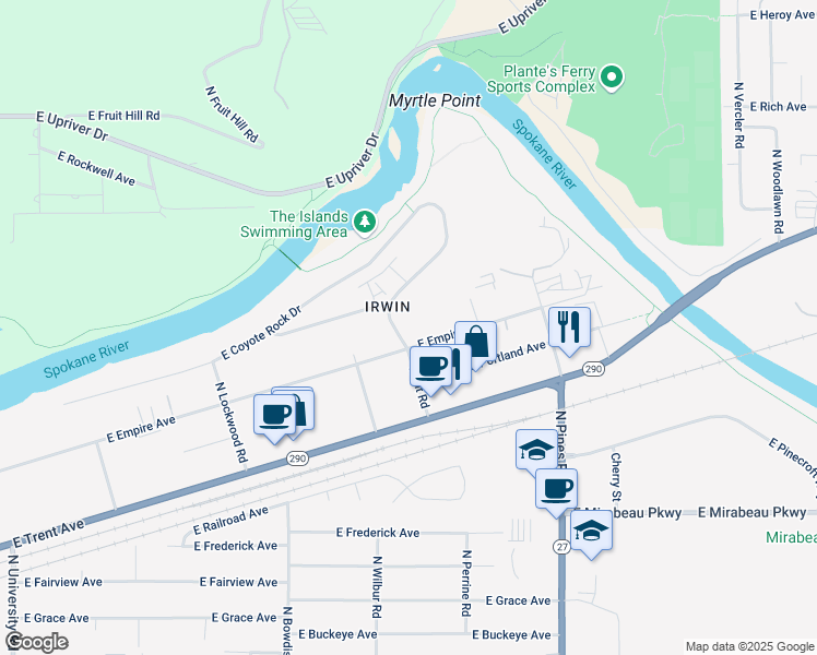map of restaurants, bars, coffee shops, grocery stores, and more near 11907 East Empire Avenue in Spokane Valley