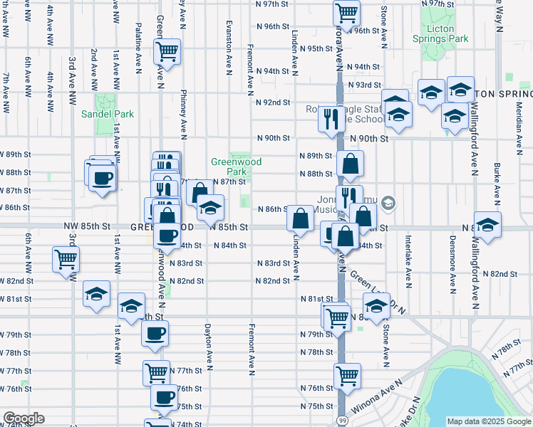 map of restaurants, bars, coffee shops, grocery stores, and more near 721 North 86th Street in Seattle
